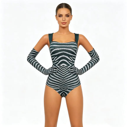 Chevron Striped Rhinestone Bodysuit & Matching Long Gloves 2-Piece Stage Costume Set