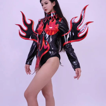 Flame Patent Leather Bodysuit & Sculpted Wing Shoulders 2-Piece Stage Costume Set