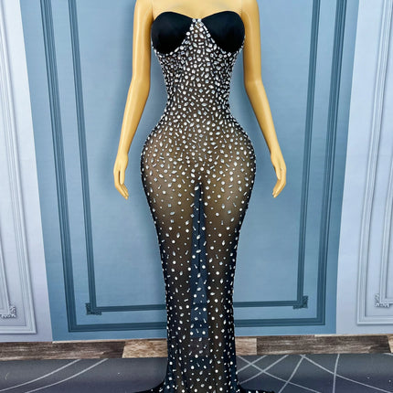 Silver Rhinestone Sheer Mesh Tube Evening Gown Stage Ball Dress