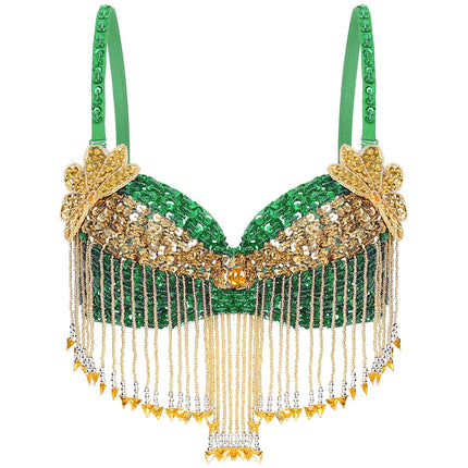 Sparkly Floral Beaded Sequin Belly Dance Bra & Tassel Performance Top