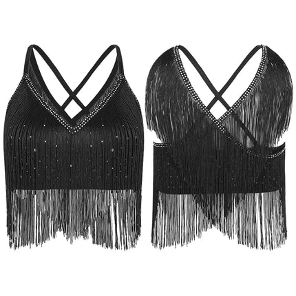 V-Neck Crisscross Back Tassel Fringe Crop Top Latin Salsa Dance Costume