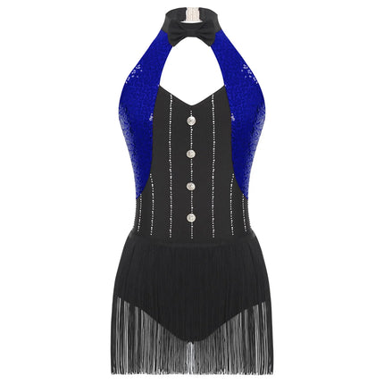 The Stardust Tuxedo Tassel Bodysuit – Luxury Sequins & Rhinestone Showgirl Leotard