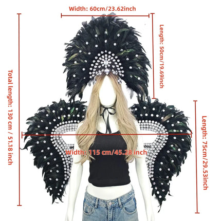 Carnival Elegant Ladies Feather Headdress Wings Two-Piece Role Play Catwalk Halloween Masquerade Carnival Party Suit