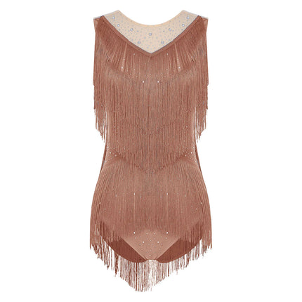 Sparkly Rhinestone & Tassel Fringe Latin Dance Leotard Crew Neck Bodysuit