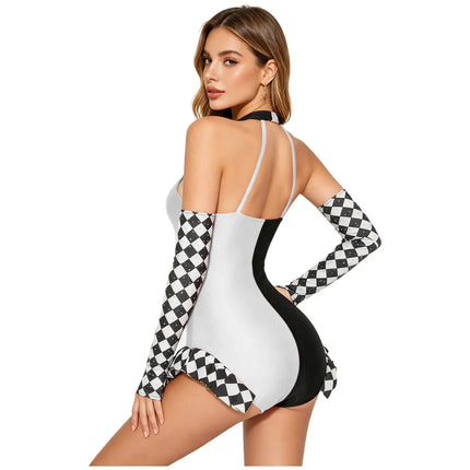Circus Harlequin Clown Plaid Halter Bodysuit & Arm Sleeves 2-Piece Cosplay Costume Set