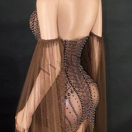 Rhinestone & Pearl Off-Shoulder Sheer Illusion Long Dress Gala Evening Costume