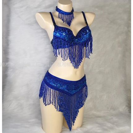 The Stardust Cabaret 2-Piece Ensemble – Luxury Sequin Fringe Bra & Belt Set