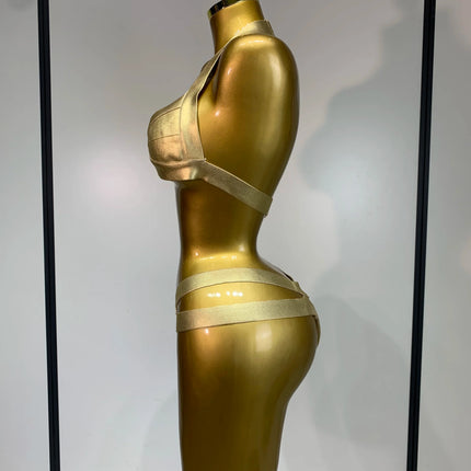 Gold Knitted Halter Bandage Two-Piece Set Stage Performance Costume Outfit