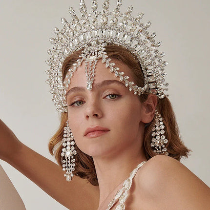 Exaggerated Rhinestone Tassel Crown Headpiece
