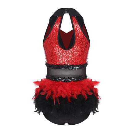 Women's Shiny Sequin Sheer Mesh Feather Latin Jazz Dance Bodysuit