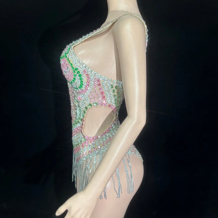 Sparkly Silver Rhinestone Tassel High-Cut Stage Bodysuit Dance Performance Leotard