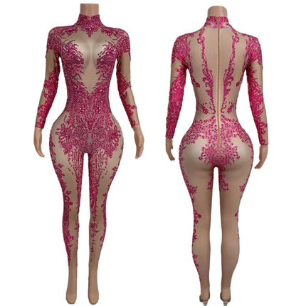 High Neck Crystal Appliqué Illusion Bodysuit