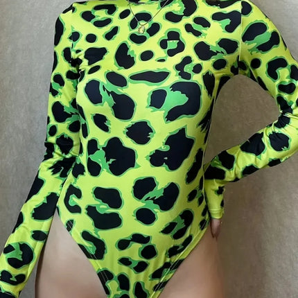 Neon Green Leopard Print Long Sleeve Bodysuit Sexy Stand Collar Stage Wear