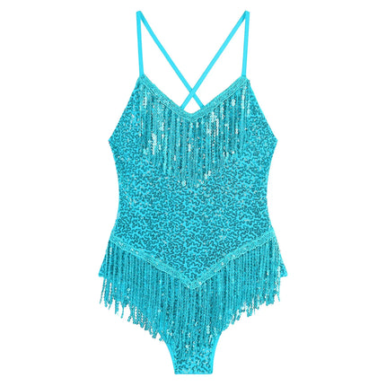 Sequins Fringed Cross Back Latin Dance Leotard Sleeveless V-Neck Bodysuit