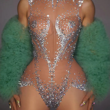 The Stardust Mirage – Rhinestone Mesh Bodysuit & White Statement Jacket Set