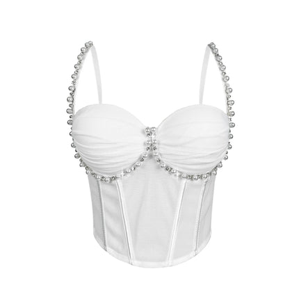 Pearl & Rhinestone Embroidered Bustier Corset Crop Top High Street Bralette