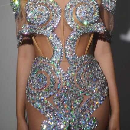 Sparkly Silver Rhinestone Sheer Cape Dress Stage Costume