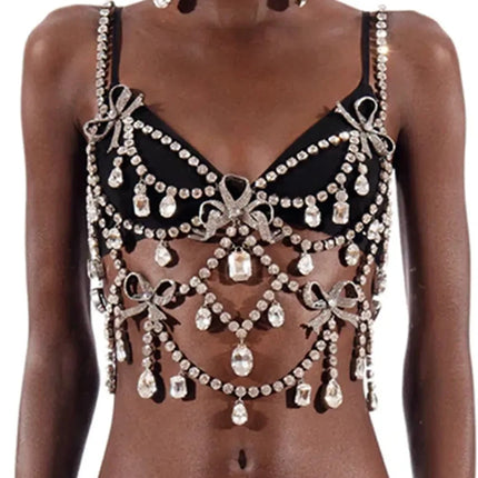 Oversized Glass Crystal Chest Chain Lingerie Vest Drag Queen Stage Body Jewelry