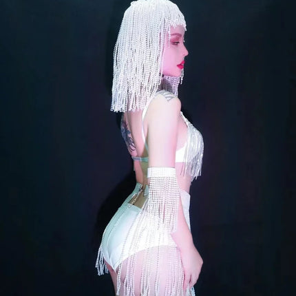 Luxury Crystal Tassel Bikini & Wig Performance Set – Premium Showgirl Stage Costume for GoGo Dancers, Nightclub DJs & Rave Outfits