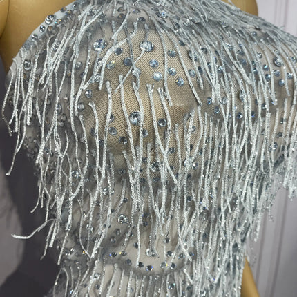 Silver Rhinestone Tassel Backless Stage Performance Mini Dress Party Gown