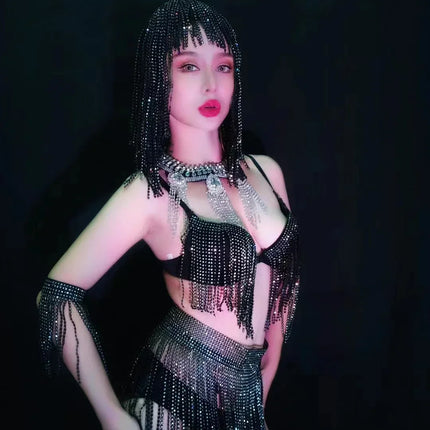 Luxury Crystal Tassel Bikini & Wig Performance Set – Premium Showgirl Stage Costume for GoGo Dancers, Nightclub DJs & Rave Outfits