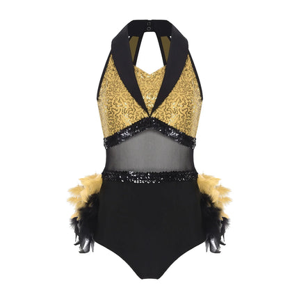 Women's Shiny Sequin Sheer Mesh Feather Latin Jazz Dance Bodysuit