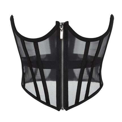 Transparent Sheer Mesh Underbust Corset Zipper Front Boned Waist Cincher Top