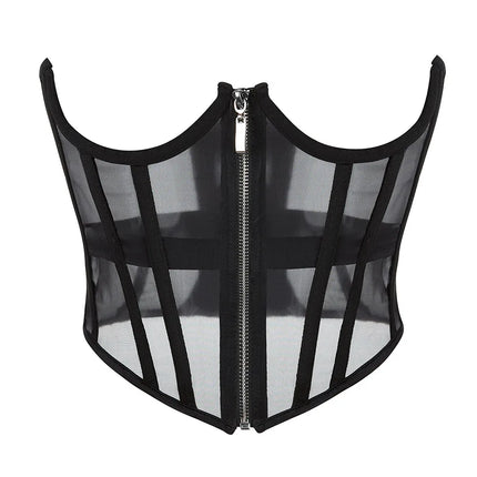 Transparent Sheer Mesh Underbust Corset Zipper Front Boned Waist Cincher Top