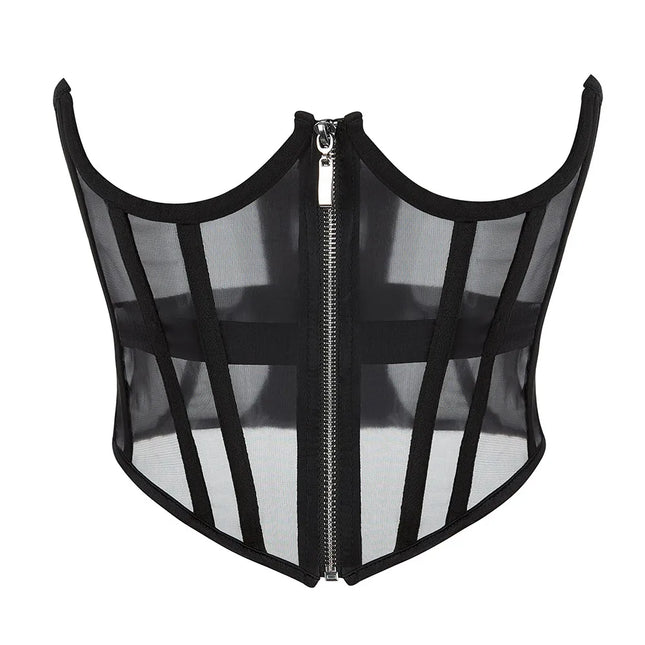 Transparent Sheer Mesh Underbust Corset Zipper Front Boned Waist Cincher Top