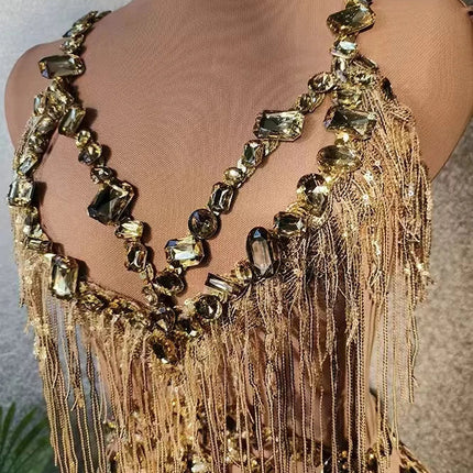 Sparkly Gold Sequin Rhinestone Stage Romper Sleeveless Jumpsuit Performance Costume
