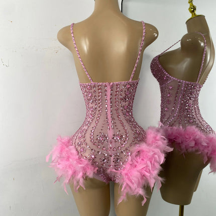 The Stardust Follies Feather Bodysuit – Luxury Rhinestone & Mesh Showgirl Costume