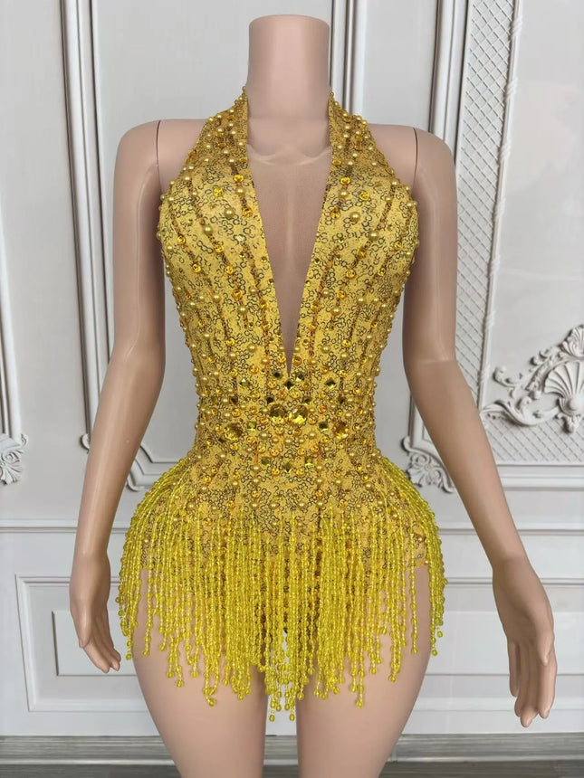 Crystal Rhinestone Fringe Sleeveless Bodysuit & Aerial Dance Leotard Costume