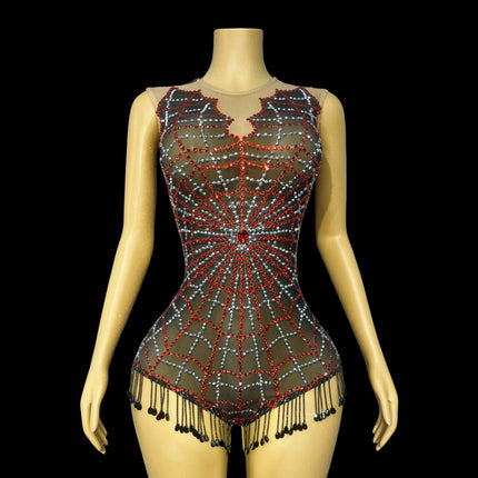 Spiderweb Rhinestone High-Cut Stage Bodysuit Halloween Dance Performance Leotard
