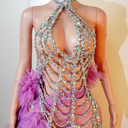 Purple Spiderweb Rhinestone Halter Bodysuit & Trailing Ruffle Tulle Skirt 2-Piece Stage Costume Set