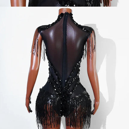 The Stardust Midnight Cabaret Bodysuit – Luxury Rhinestone & Mesh Showgirl Costume