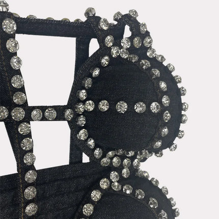 Studded Denim Bustier Crop Top Studded Punk Style Stage Costume Top