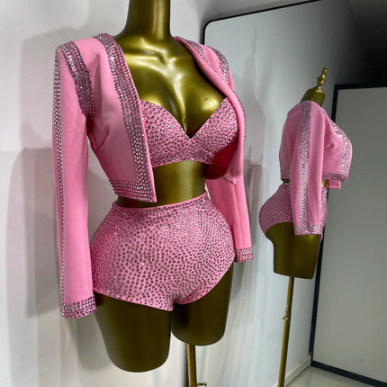 Rhinestone Bustier, High-Waist Mini Shorts & Cropped Jacket 3-Piece Performance Costume Set