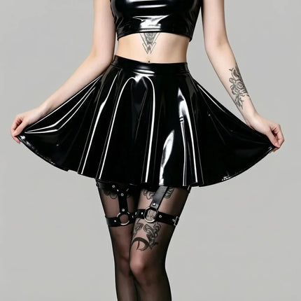 Gothic PU Leather PVC Shiny Flared Pleated Mini A-Line Skirt