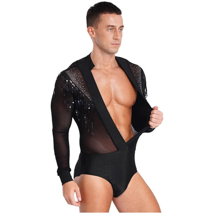 Men's Latin Salsa Sequin Tassel & Rhinestone V-Neck Performance Leotard Bodysuit