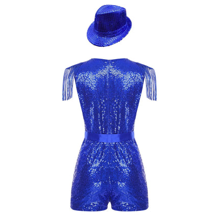 Sequin Tassel Romper, Adjustable Belt & Matching Hat Stage Dance Costume Set