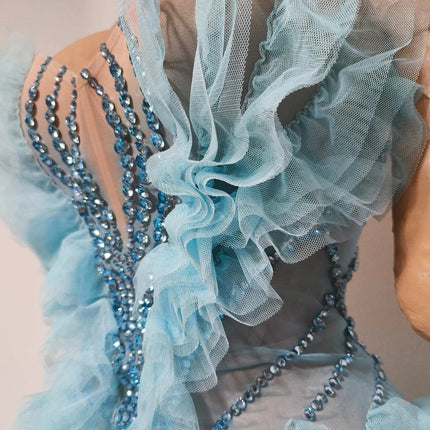 Vintage-Inspired Sparkly Rhinestone Sheer Blue Geometric Pattern Tube Short Dress