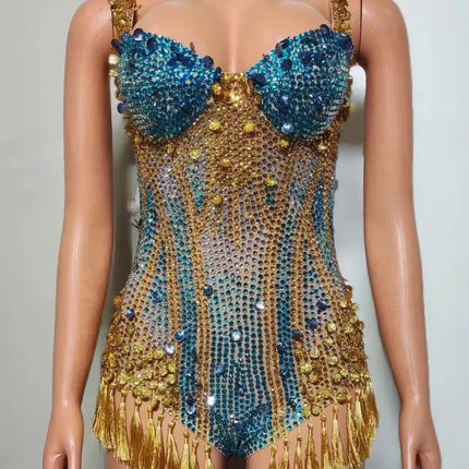 Sparkly Rhinestone & Tassel Fringe Bodysuit Stage Performance Costume