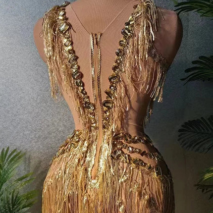 Sparkly Gold Sequin Rhinestone Stage Romper Sleeveless Jumpsuit Performance Costume
