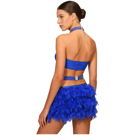 Glittery Rhinestone & Faux Feather Latin Dance Leotard Halter Bodysuit