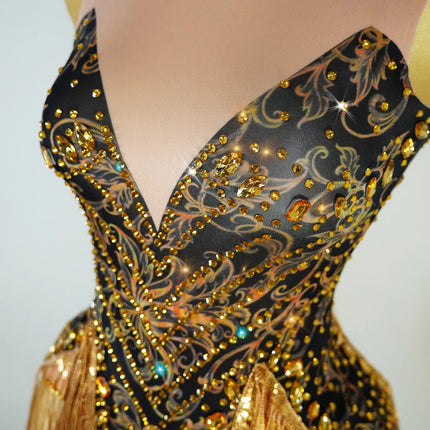 Gold Rhinestone & Tassel Sleeveless Bodysuit Salsa Latin Dance Stage Costume
