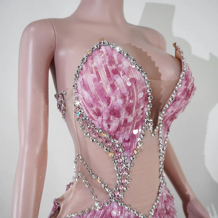 Sequin Beaded Tassels Mini Dress Crystals Mesh Bodycon Stage Performance Outfit