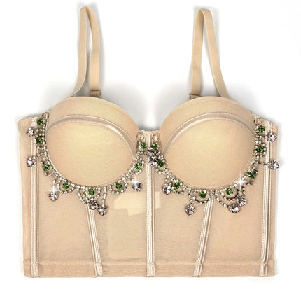 Mesh Bustier Corset Crop Top Diamond Embroidery Tassel Evening Party Bralette