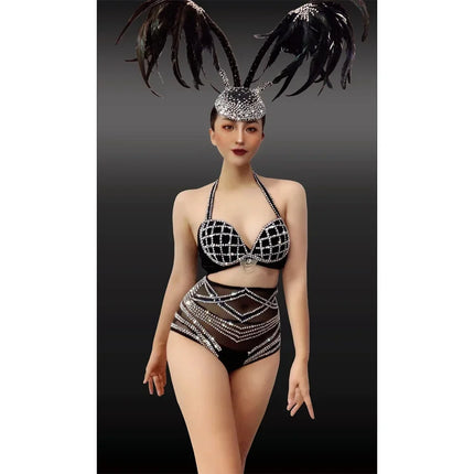Black Rhinestone Grid Bikini & Feather Wing Headpiece Gogo Stage Costume Set