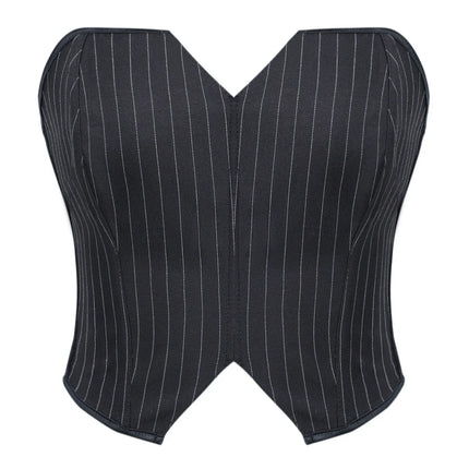 Black Striped Overbust Corset Top Zipper Front Lace-Up Bustier Body Shaper