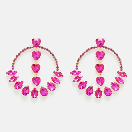 Oversized Pink Crystal Hoop Earrings Heart Pendant Drag Queen Stage Drop Jewelry